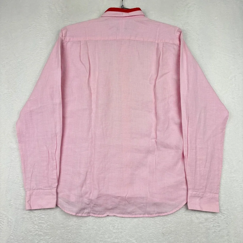 Mister French Mens XL Pink Linen Long Sleeve Button Down Shirt Red Collar Accent - Picture 5 of 8